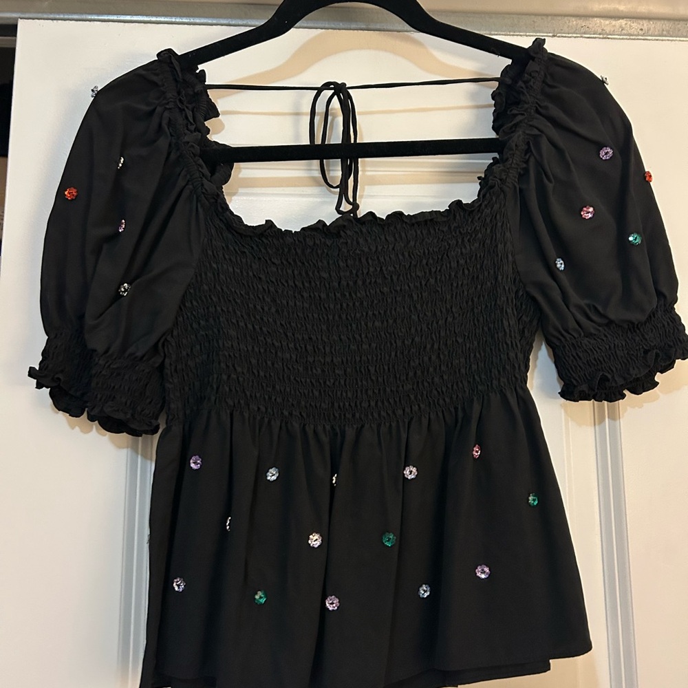 Hill House Black Blouse with Colorful Embellishments